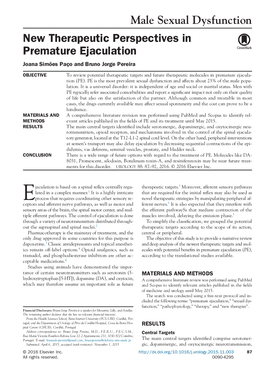 New Therapeutic Perspectives in Premature Ejaculation 