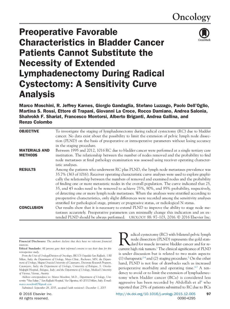 Preoperative Favorable Characteristics in Bladder Cancer Patients Cannot Substitute the Necessity of Extended Lymphadenectomy During Radical Cystectomy: A Sensitivity Curve Analysis 