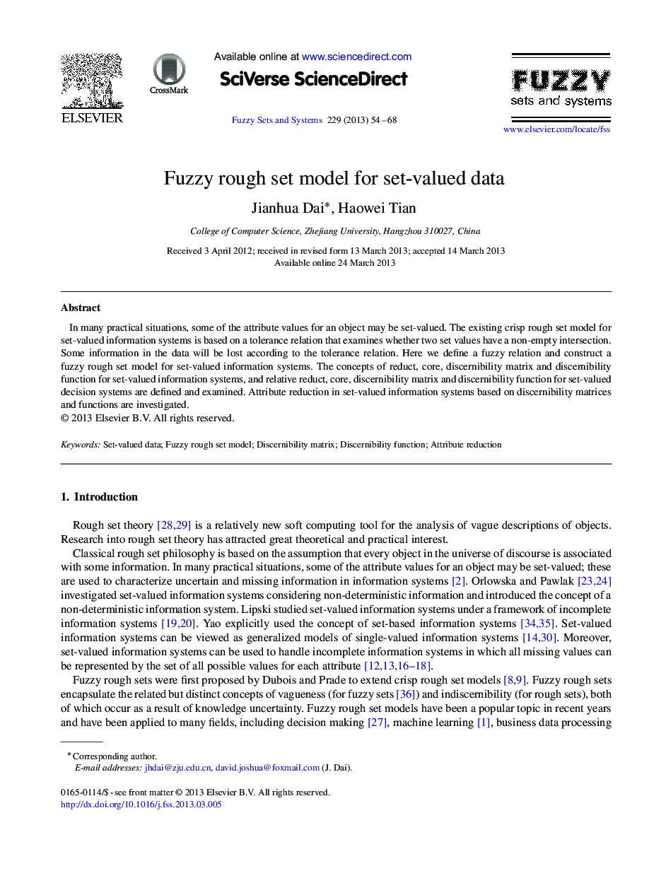 Fuzzy rough set model for set-valued data