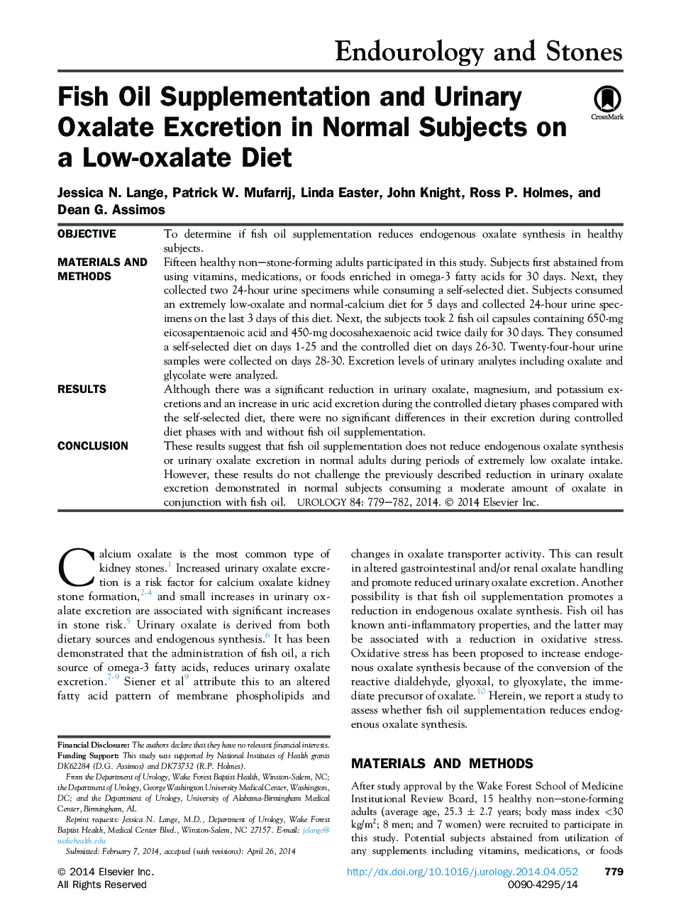 Fish Oil Supplementation and Urinary Oxalate Excretion in Normal Subjects on a Low-oxalate Diet 
