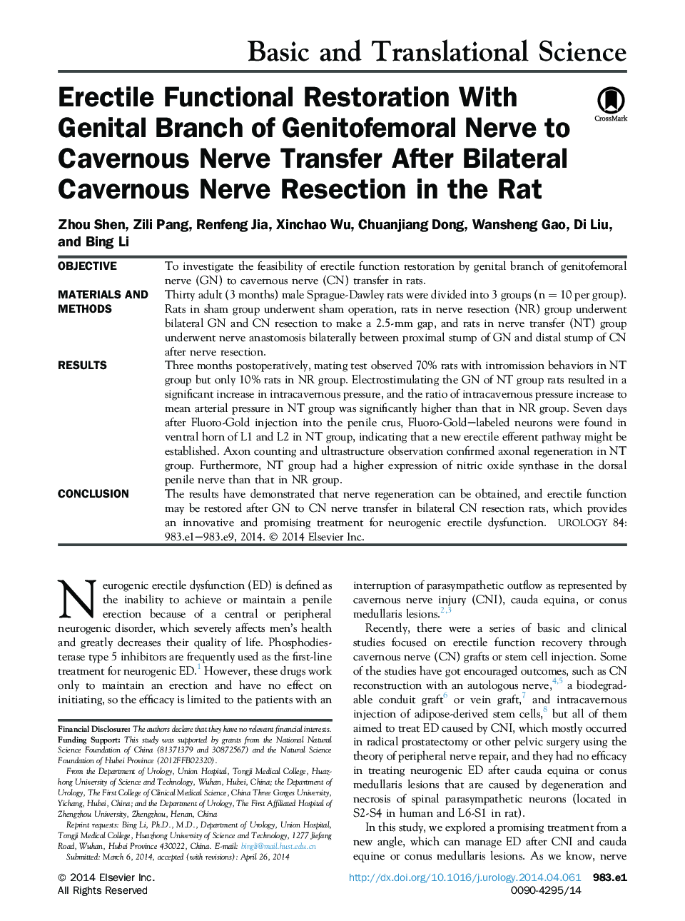 Erectile Functional Restoration With Genital Branch of Genitofemoral Nerve to Cavernous Nerve Transfer After Bilateral Cavernous Nerve Resection in the Rat