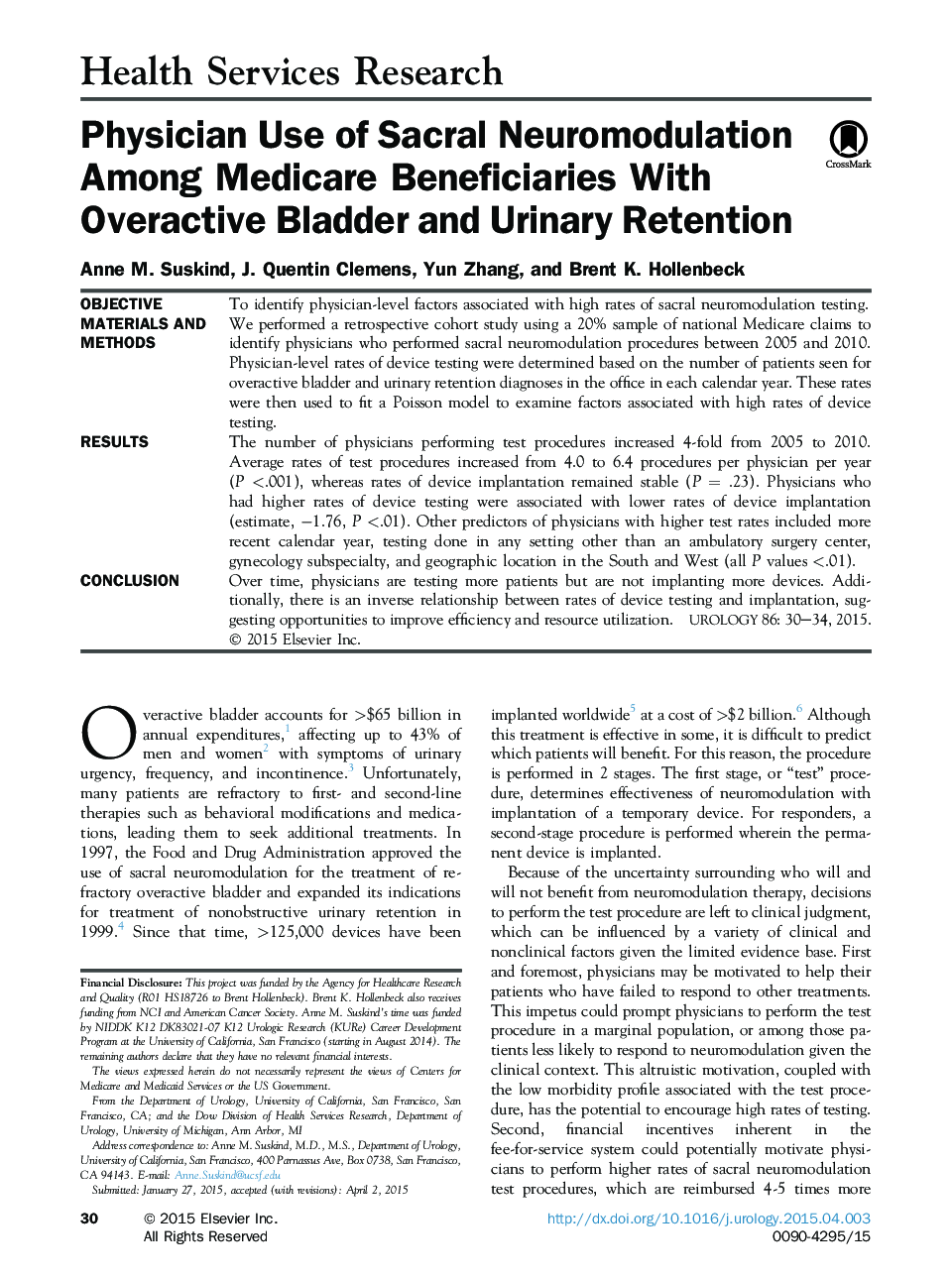 Physician Use of Sacral Neuromodulation Among Medicare Beneficiaries With Overactive Bladder and Urinary Retention 