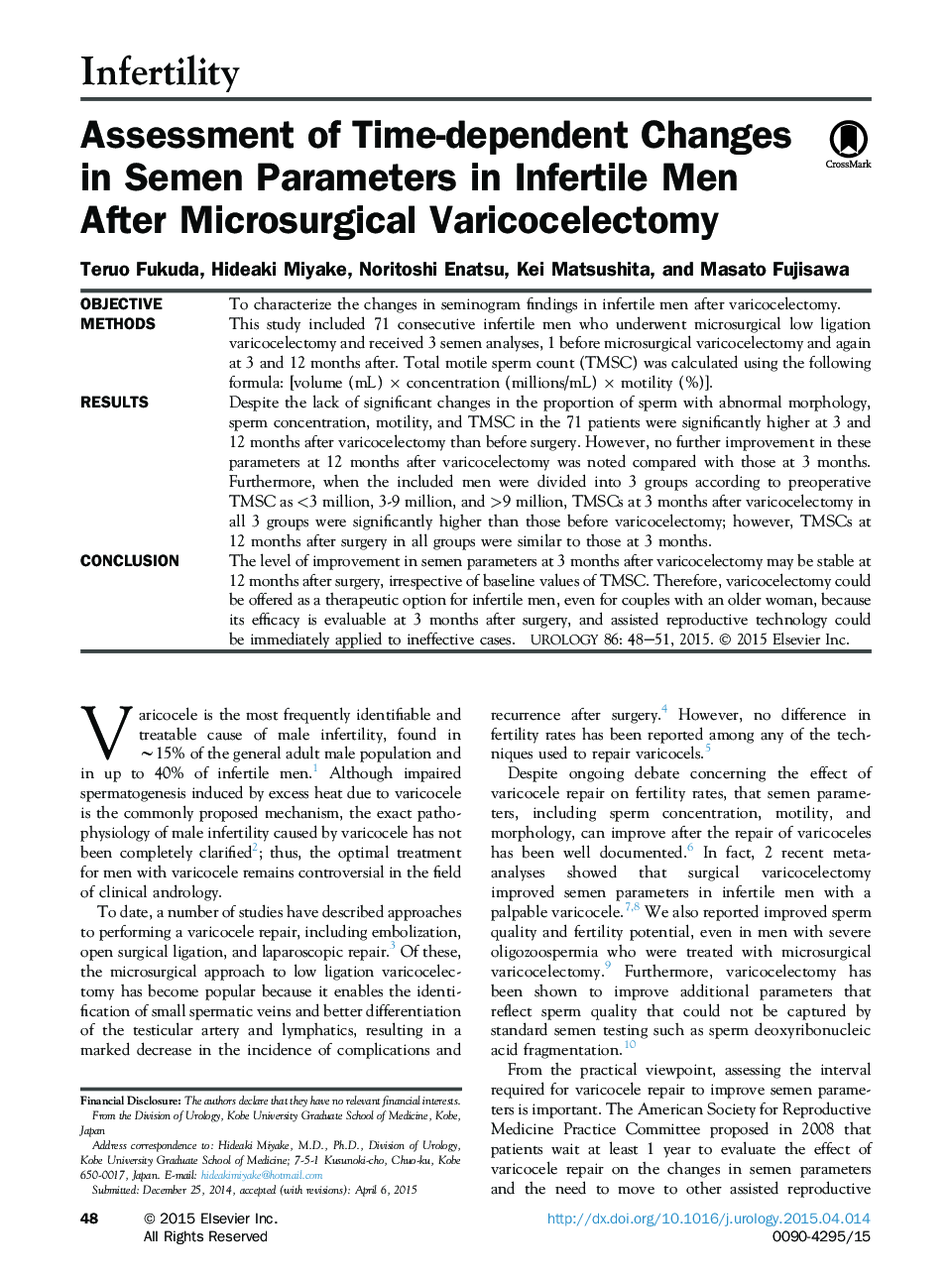 بررسی تغییرات وابسته به زمان در پارامترهای اسپرم در مردان نابارور پس از واریکوسلکتومی میکروسکوپیک 