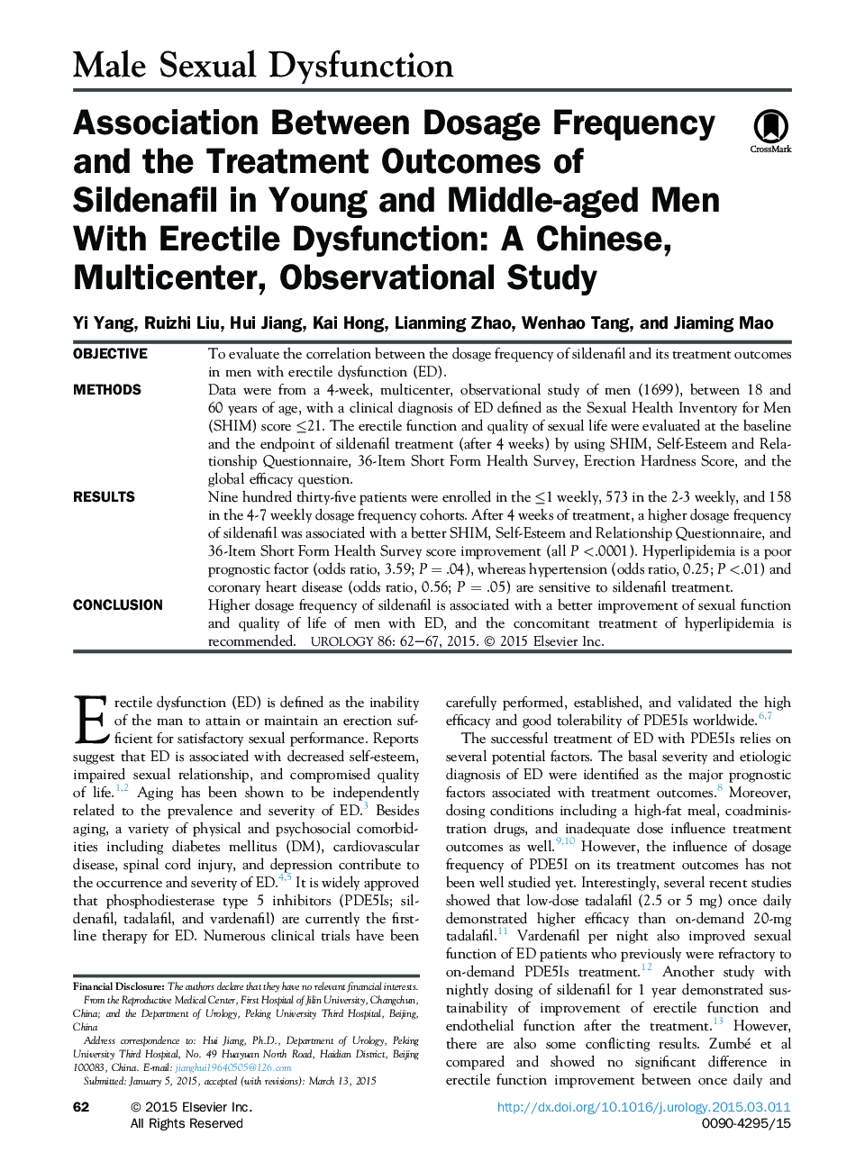 Association Between Dosage Frequency and the Treatment Outcomes of Sildenafil in Young and Middle-aged Men With Erectile Dysfunction: A Chinese, Multicenter, Observational Study 