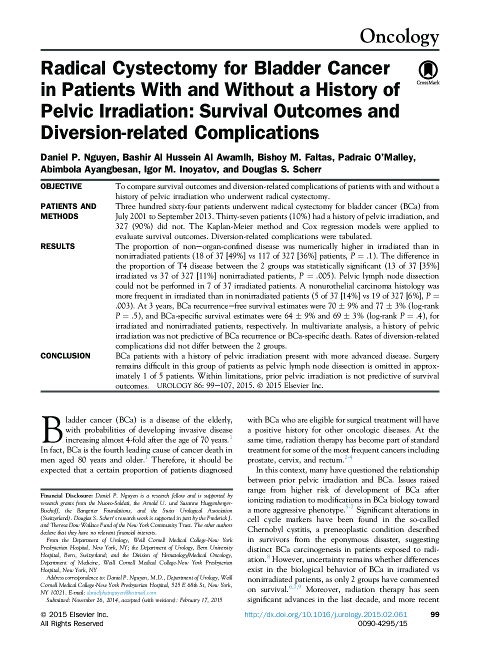 Radical Cystectomy for Bladder Cancer in Patients With and Without a History of Pelvic Irradiation: Survival Outcomes and Diversion-related Complications 