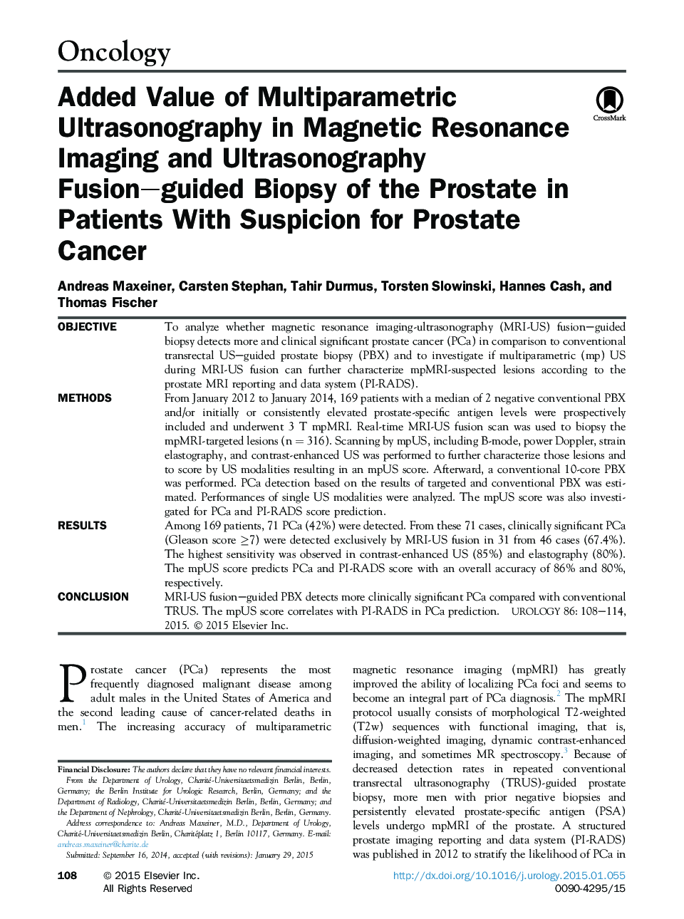Added Value of Multiparametric Ultrasonography in Magnetic Resonance Imaging and Ultrasonography Fusion–guided Biopsy of the Prostate in Patients With Suspicion for Prostate Cancer 