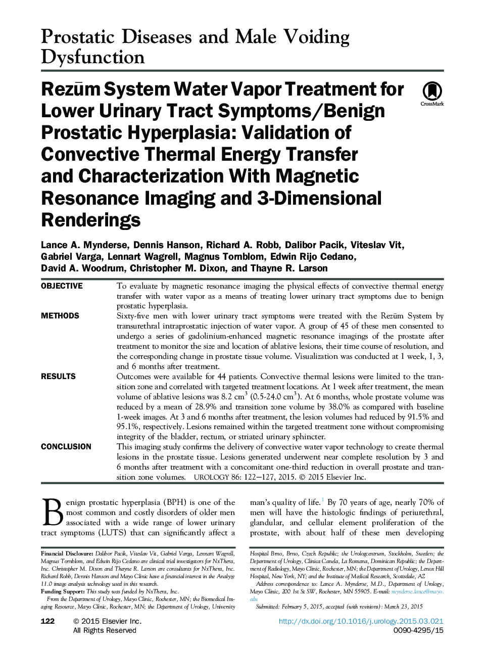 Rezūm System Water Vapor Treatment for Lower Urinary Tract Symptoms/Benign Prostatic Hyperplasia: Validation of Convective Thermal Energy Transfer and Characterization With Magnetic Resonance Imaging and 3-Dimensional Renderings 