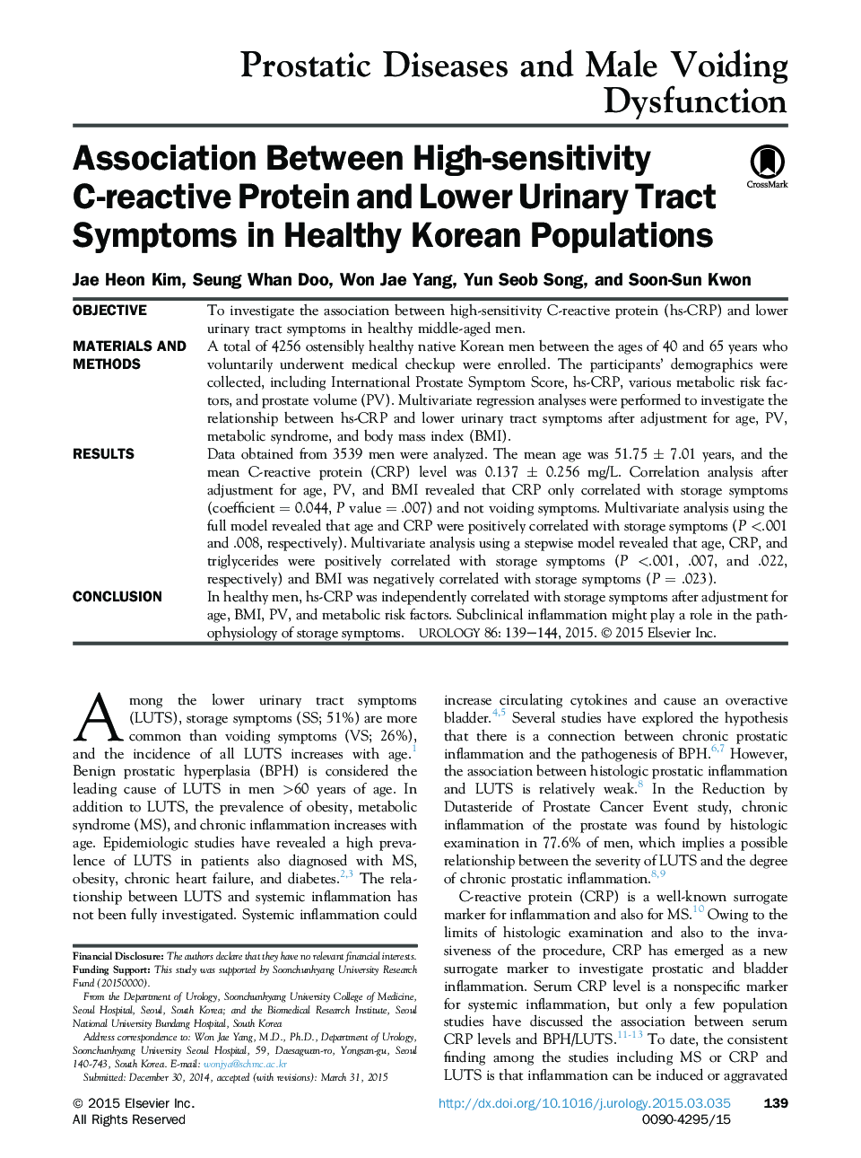 Association Between High-sensitivity C-reactive Protein and Lower Urinary Tract Symptoms in Healthy Korean Populations 
