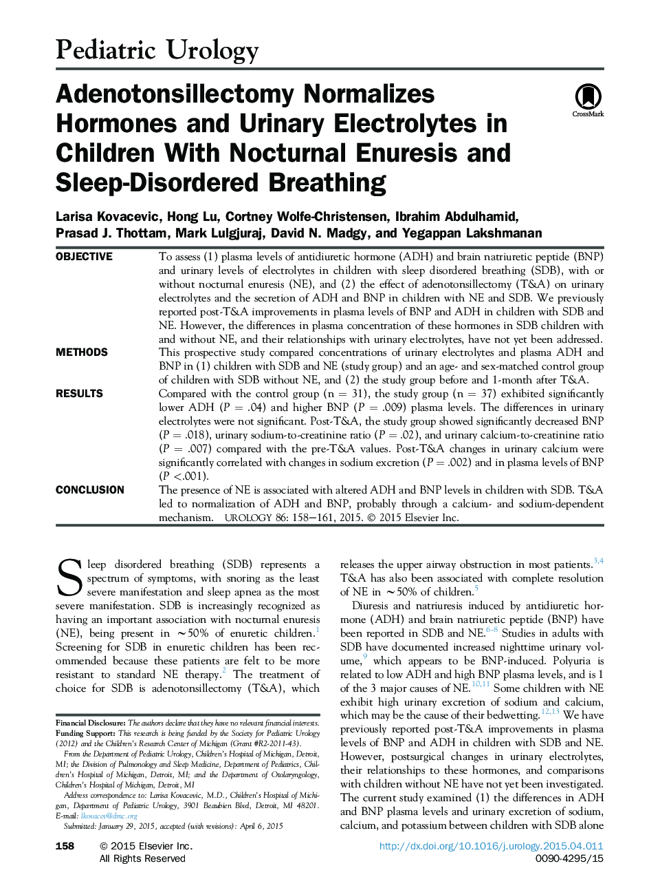Adenotonsillectomy Normalizes Hormones and Urinary Electrolytes in Children With Nocturnal Enuresis and Sleep-Disordered Breathing 