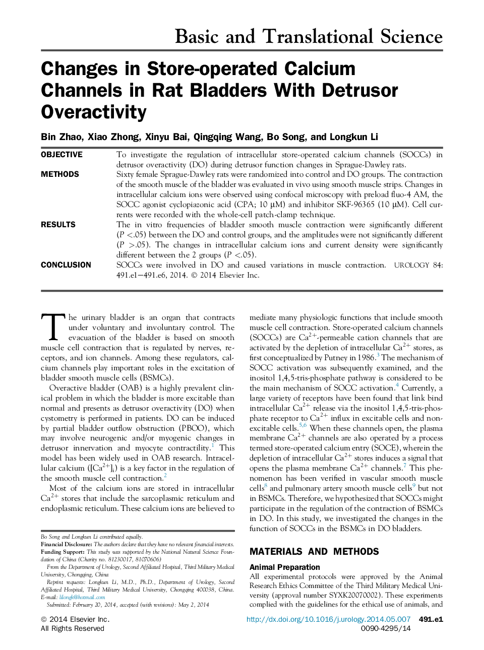 Changes in Store-operated Calcium Channels in Rat Bladders With Detrusor Overactivity