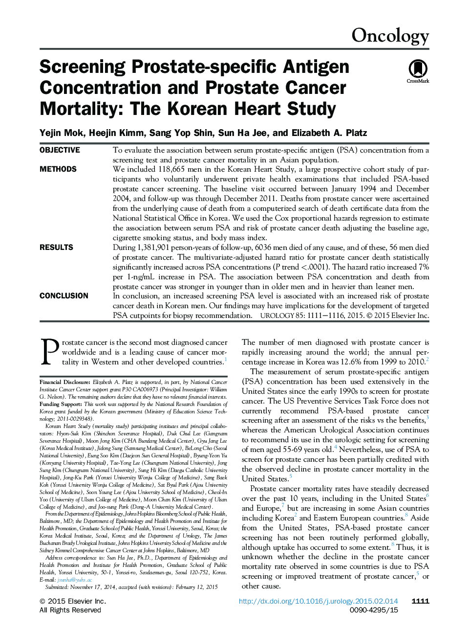 Screening Prostate-specific Antigen Concentration and Prostate Cancer Mortality: The Korean Heart Study 