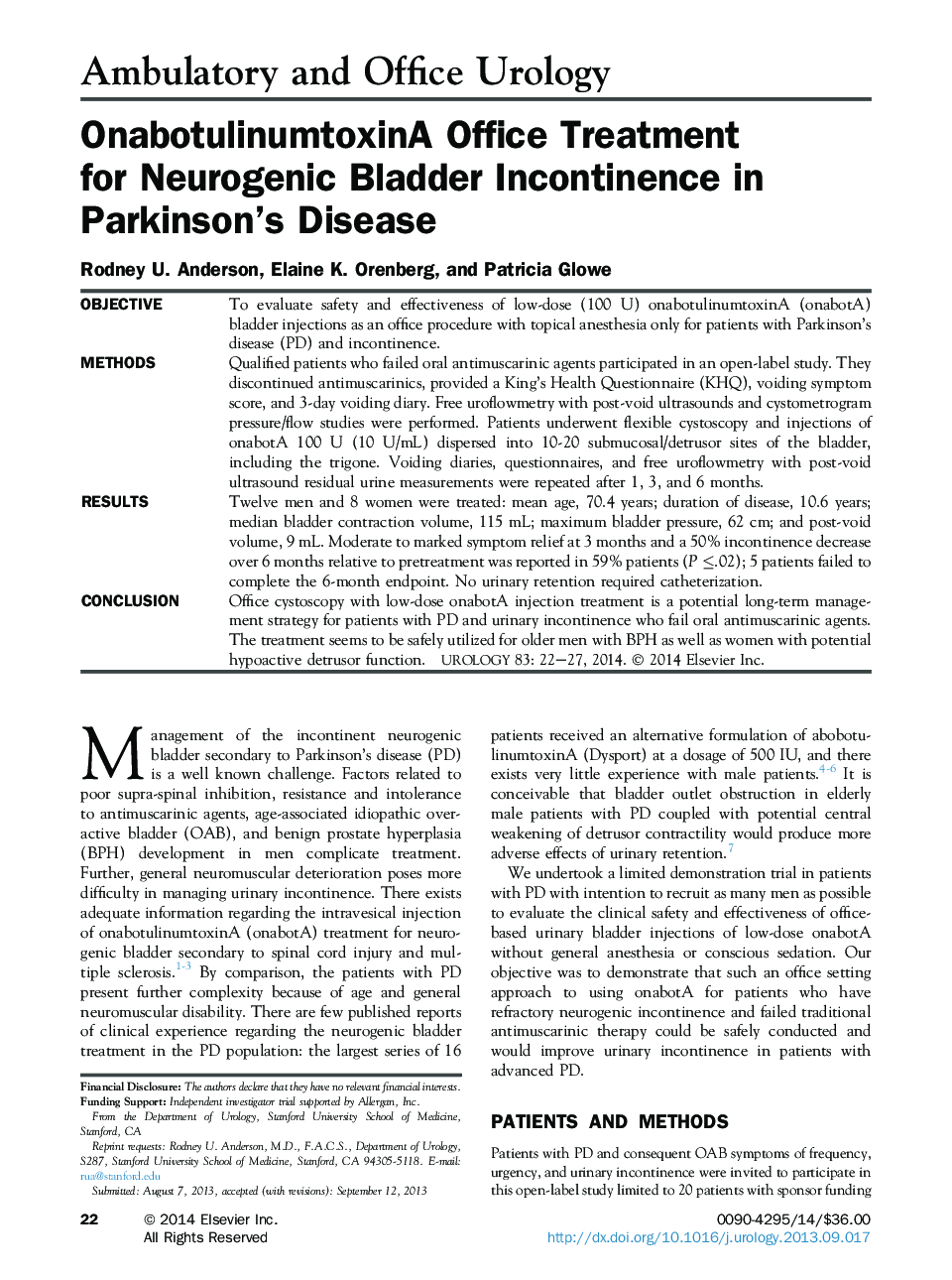 OnabotulinumtoxinA Office Treatment for Neurogenic Bladder Incontinence in Parkinson's Disease 