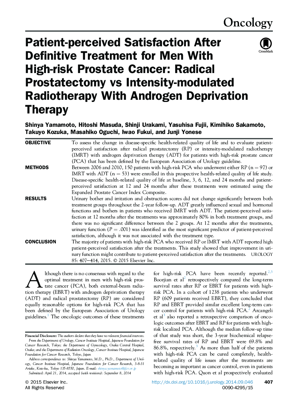 Patient-perceived Satisfaction After Definitive Treatment for Men With High-risk Prostate Cancer: Radical Prostatectomy vs Intensity-modulated Radiotherapy With Androgen Deprivation Therapy 