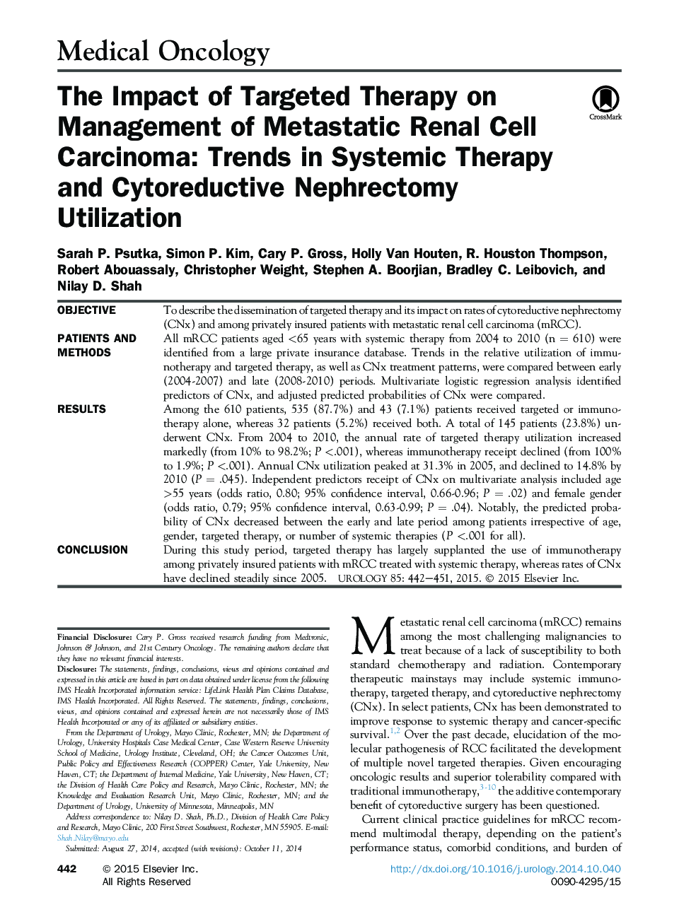 The Impact of Targeted Therapy on Management of Metastatic Renal Cell Carcinoma: Trends in Systemic Therapy and Cytoreductive Nephrectomy Utilization 