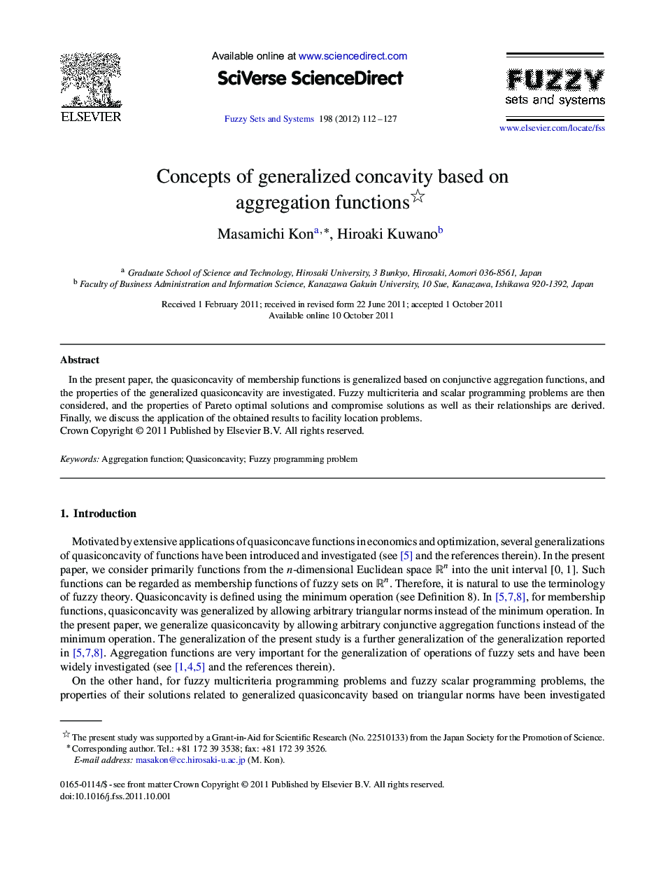 Concepts of generalized concavity based on aggregation functions 