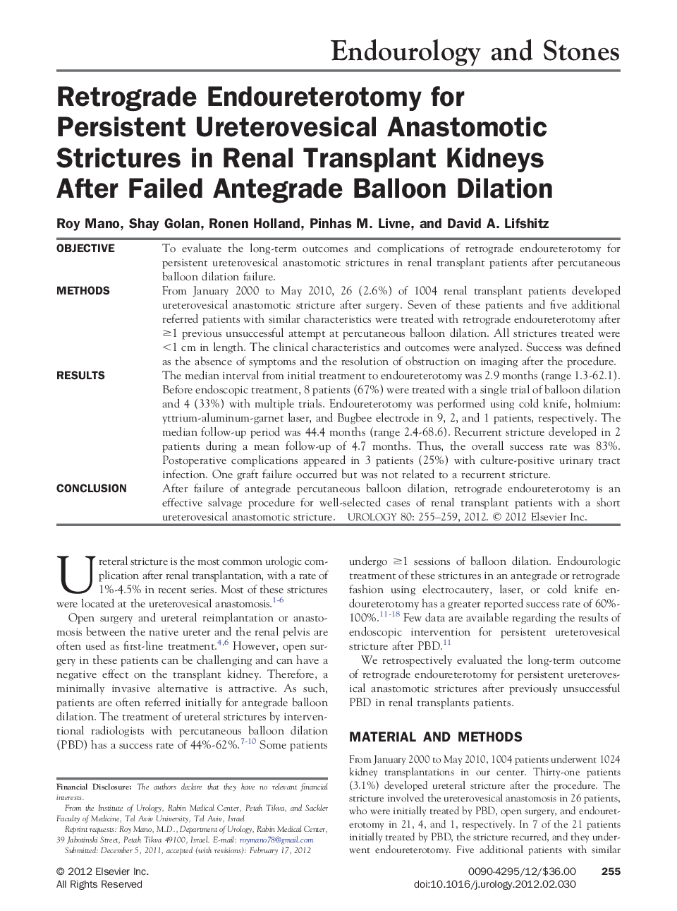 Retrograde Endoureterotomy for Persistent Ureterovesical Anastomotic Strictures in Renal Transplant Kidneys After Failed Antegrade Balloon Dilation