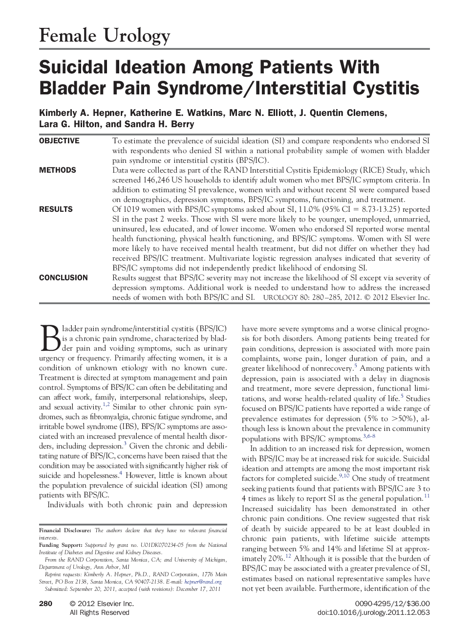 Suicidal Ideation Among Patients With Bladder Pain Syndrome/Interstitial Cystitis 