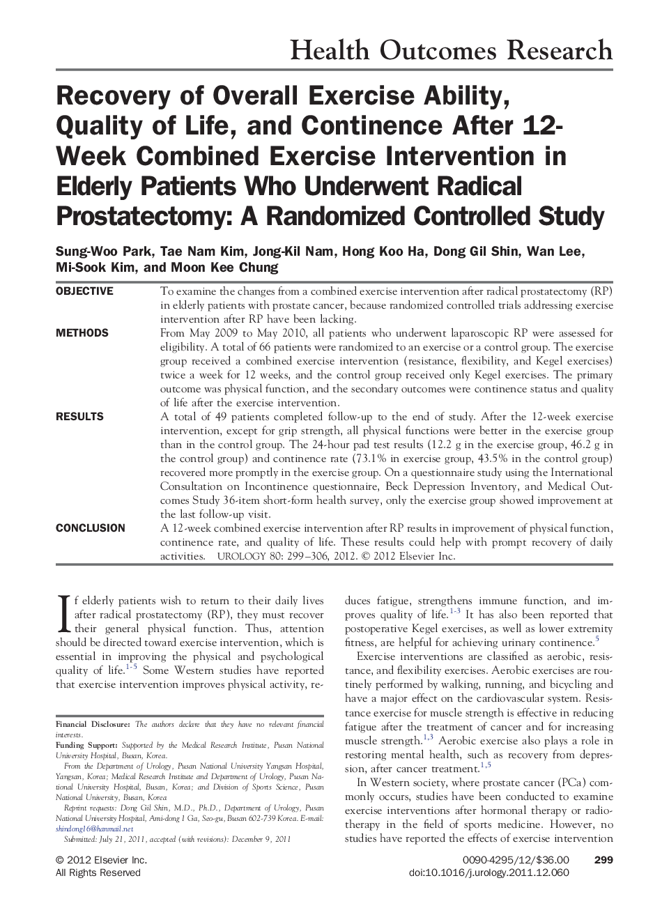 Recovery of Overall Exercise Ability, Quality of Life, and Continence After 12-Week Combined Exercise Intervention in Elderly Patients Who Underwent Radical Prostatectomy: A Randomized Controlled Study 