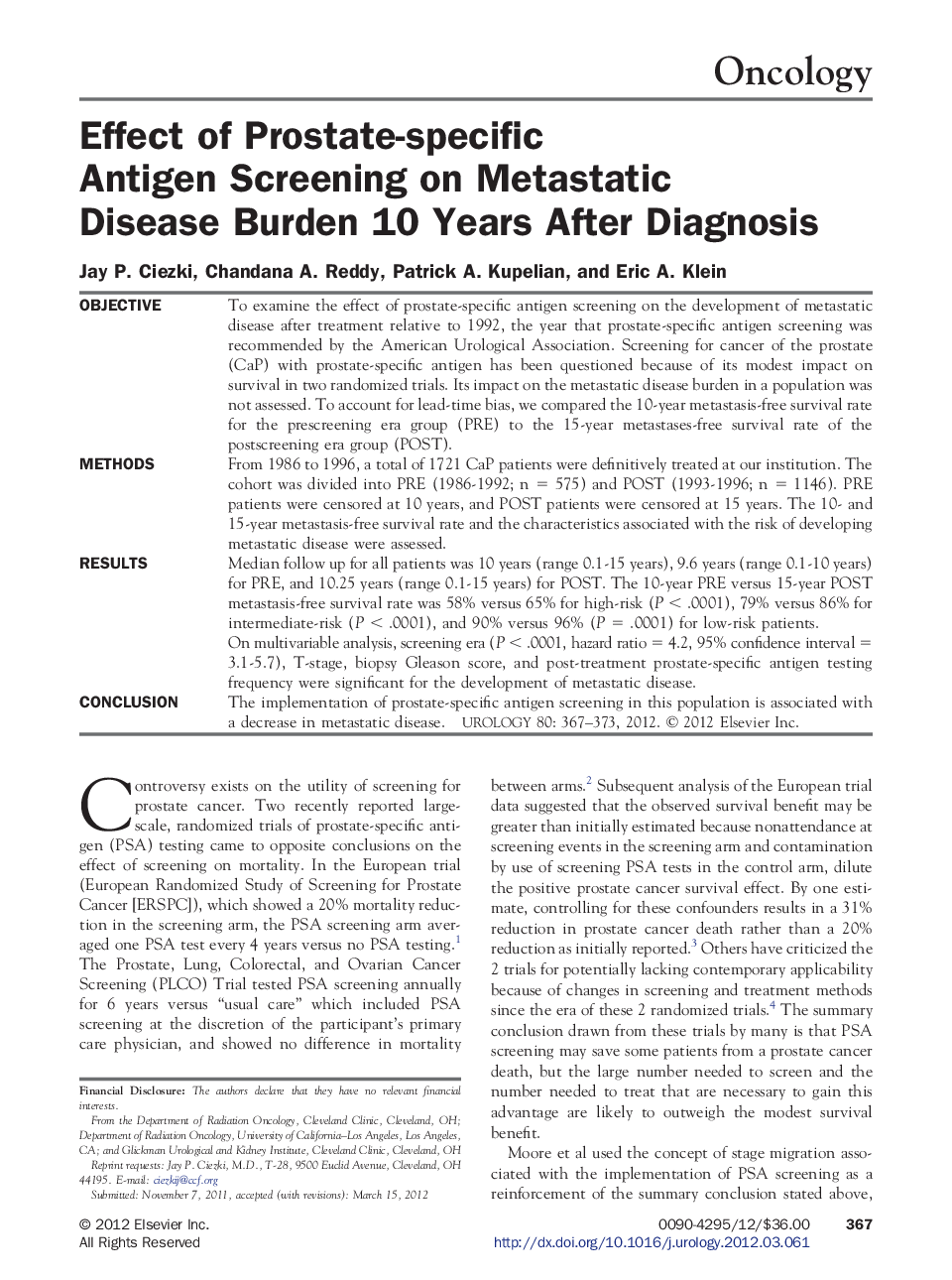 Effect of Prostate-specific Antigen Screening on Metastatic Disease Burden 10 Years After Diagnosis 