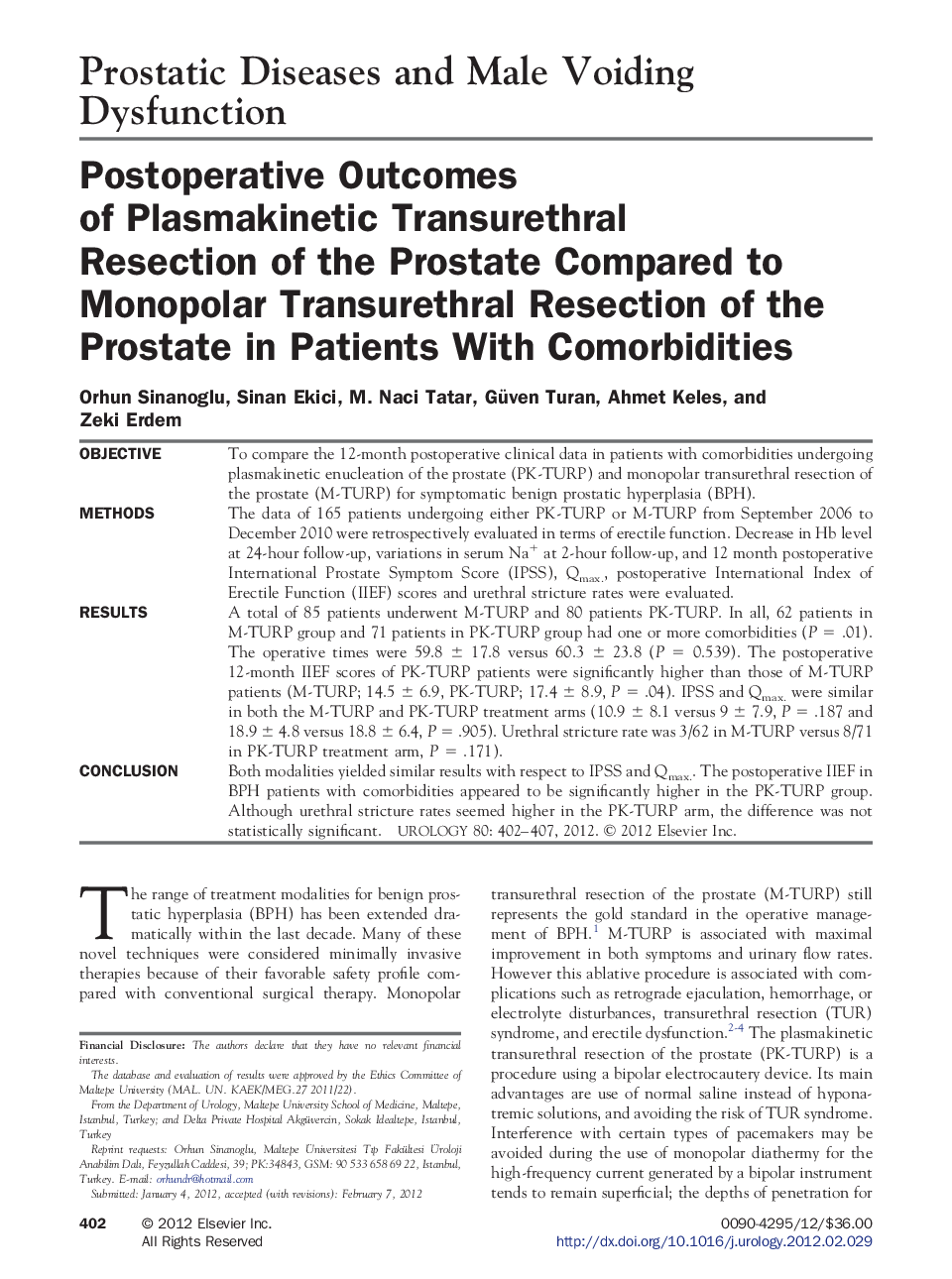 Postoperative Outcomes of Plasmakinetic Transurethral Resection of the Prostate Compared to Monopolar Transurethral Resection of the Prostate in Patients With Comorbidities 