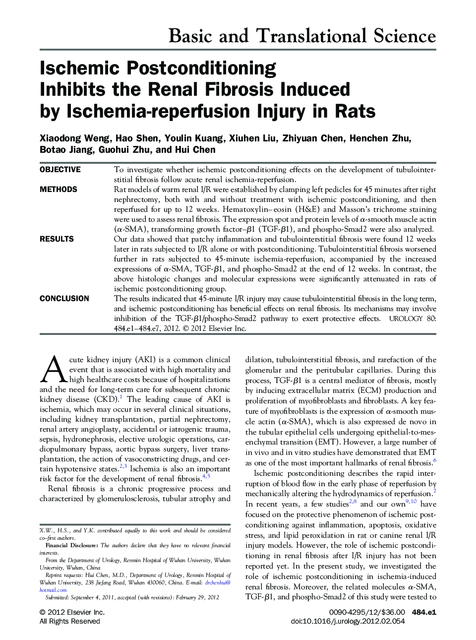 Ischemic Postconditioning Inhibits the Renal Fibrosis Induced by Ischemia-reperfusion Injury in Rats