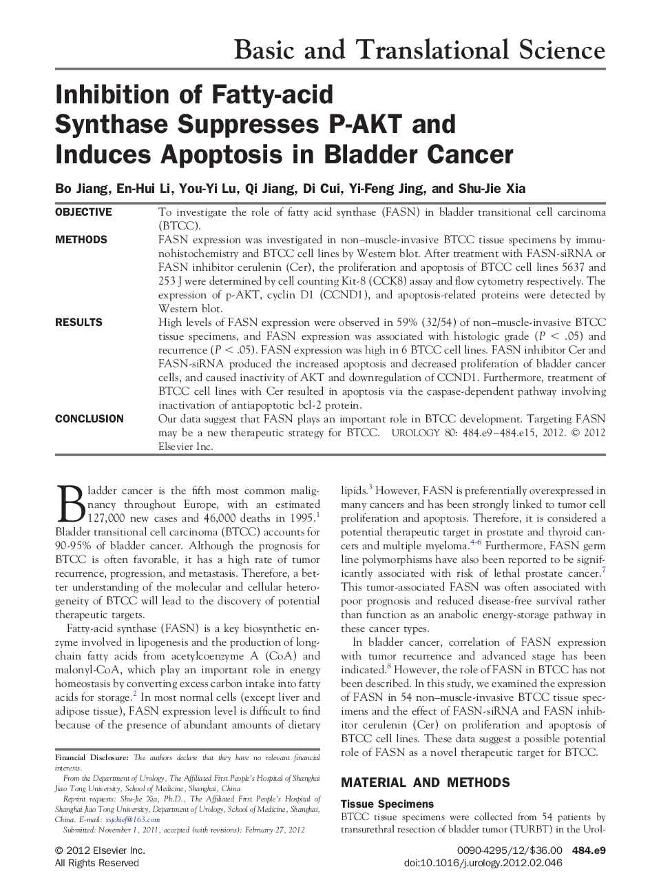 Inhibition of Fatty-acid Synthase Suppresses P-AKT and Induces Apoptosis in Bladder Cancer