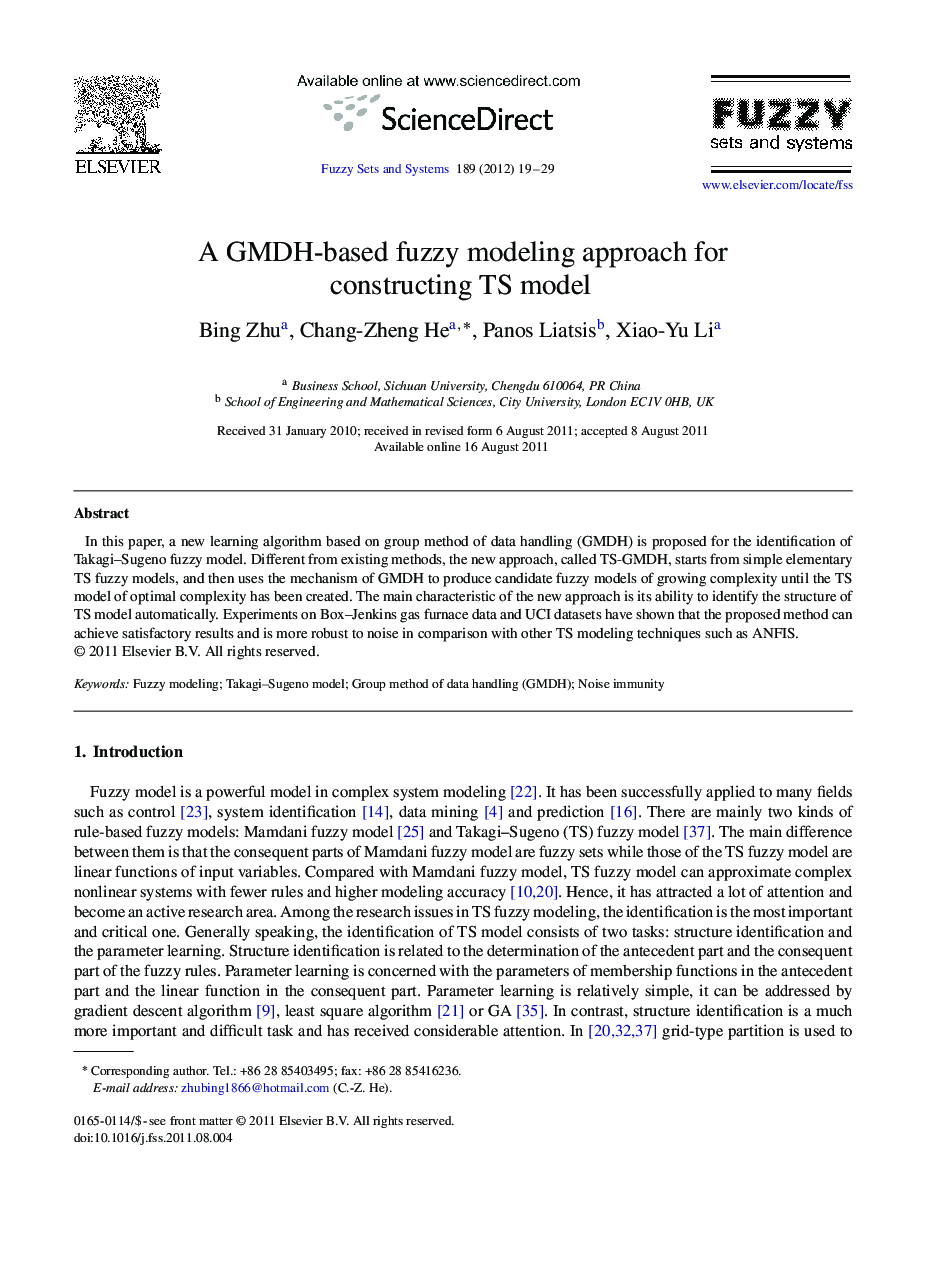 A GMDH-based fuzzy modeling approach for constructing TS model