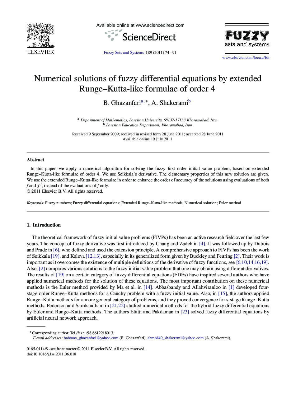 Numerical solutions of fuzzy differential equations by extended Runge–Kutta-like formulae of order 4