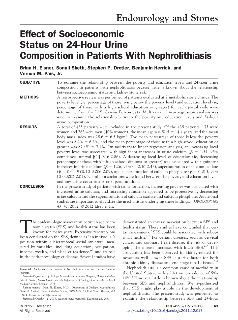 Effect of Socioeconomic Status on 24-Hour Urine Composition in Patients With Nephrolithiasis 