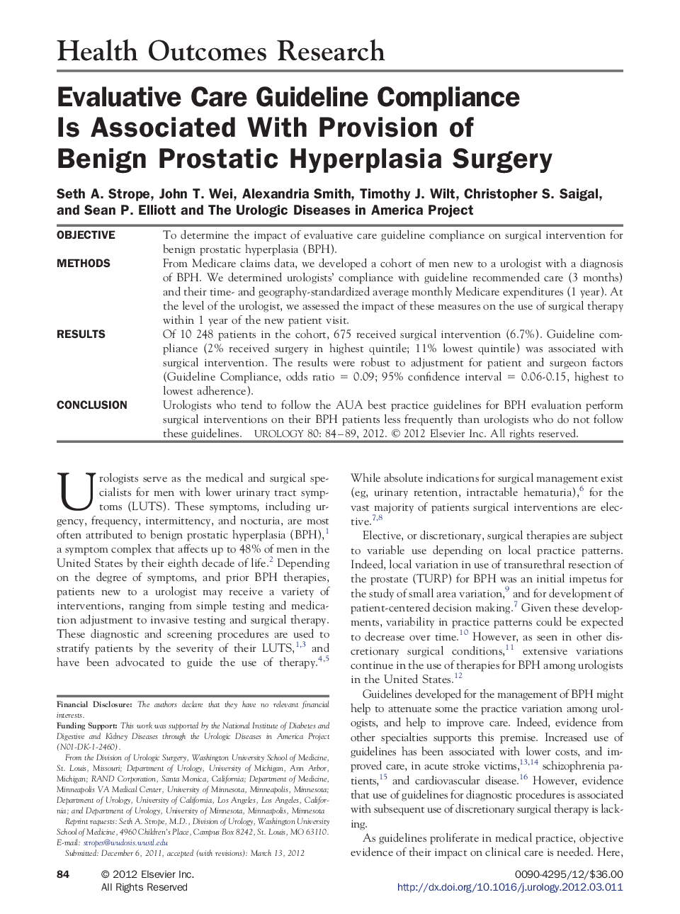 Evaluative Care Guideline Compliance Is Associated With Provision of Benign Prostatic Hyperplasia Surgery 