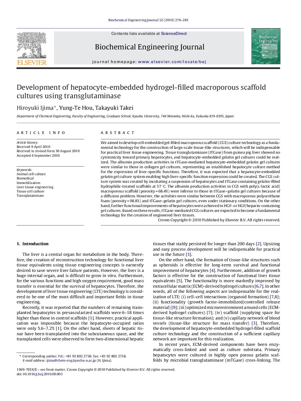 Development of hepatocyte-embedded hydrogel-filled macroporous scaffold cultures using transglutaminase