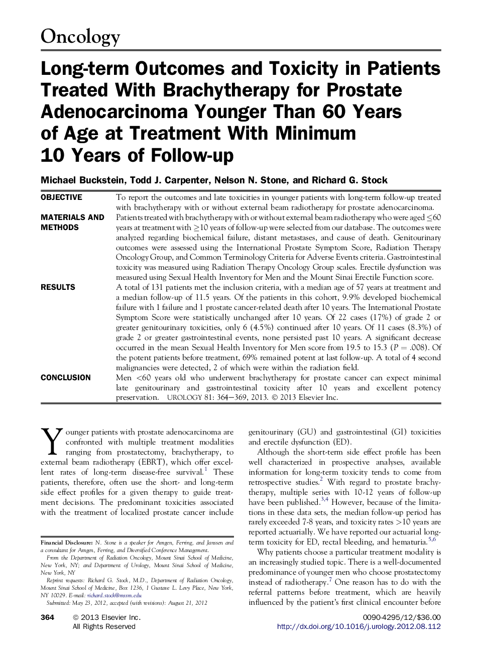 Long-term Outcomes and Toxicity in Patients Treated With Brachytherapy for Prostate Adenocarcinoma Younger Than 60 Years of Age at Treatment With Minimum 10 Years of Follow-up 