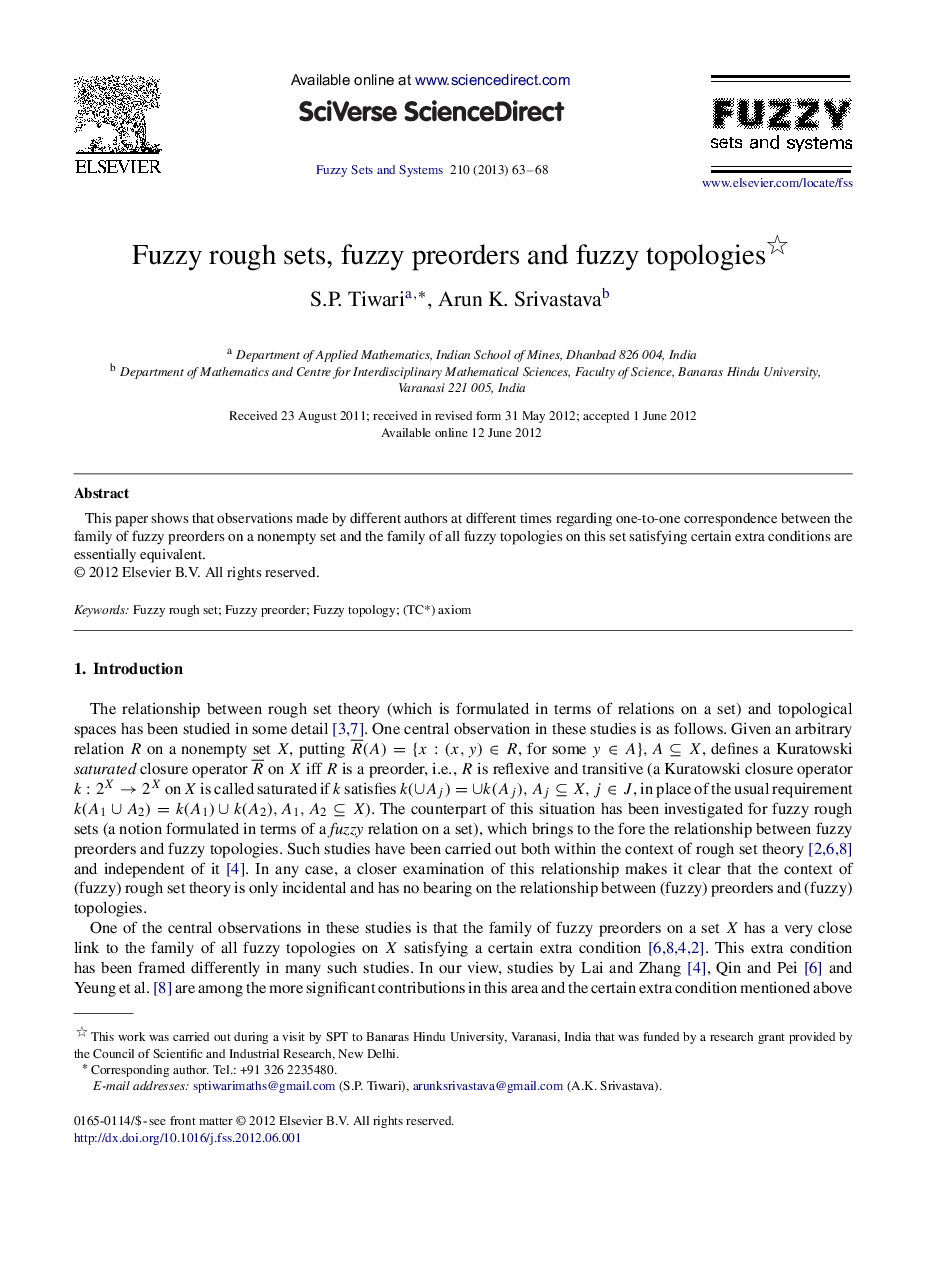 Fuzzy rough sets, fuzzy preorders and fuzzy topologies 