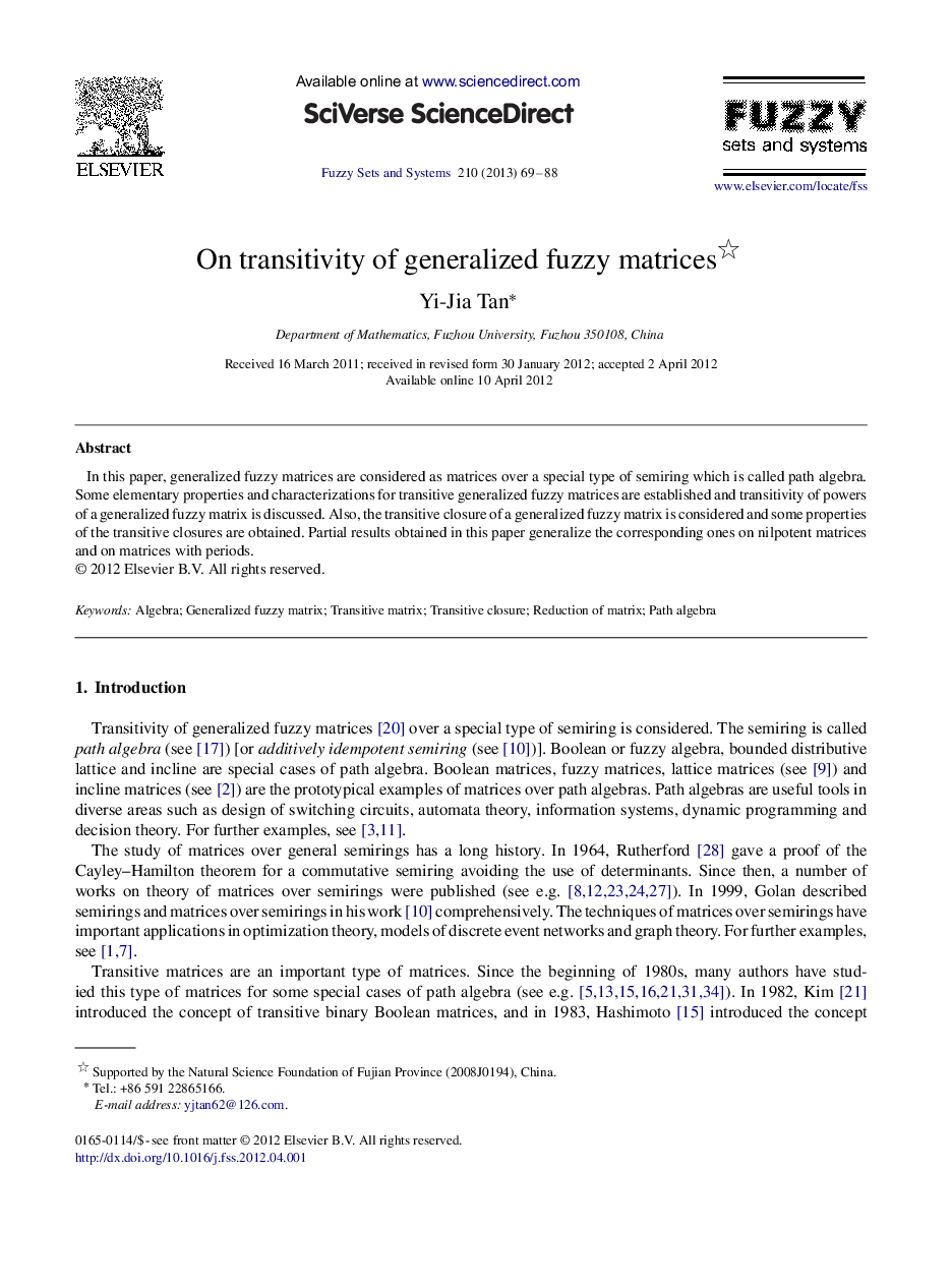 On transitivity of generalized fuzzy matrices 