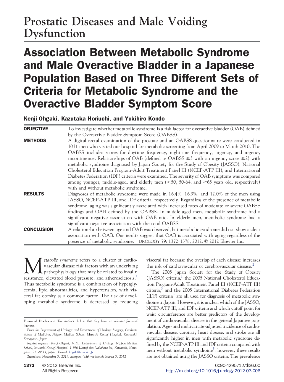 Association Between Metabolic Syndrome and Male Overactive Bladder in a Japanese Population Based on Three Different Sets of Criteria for Metabolic Syndrome and the Overactive Bladder Symptom Score 