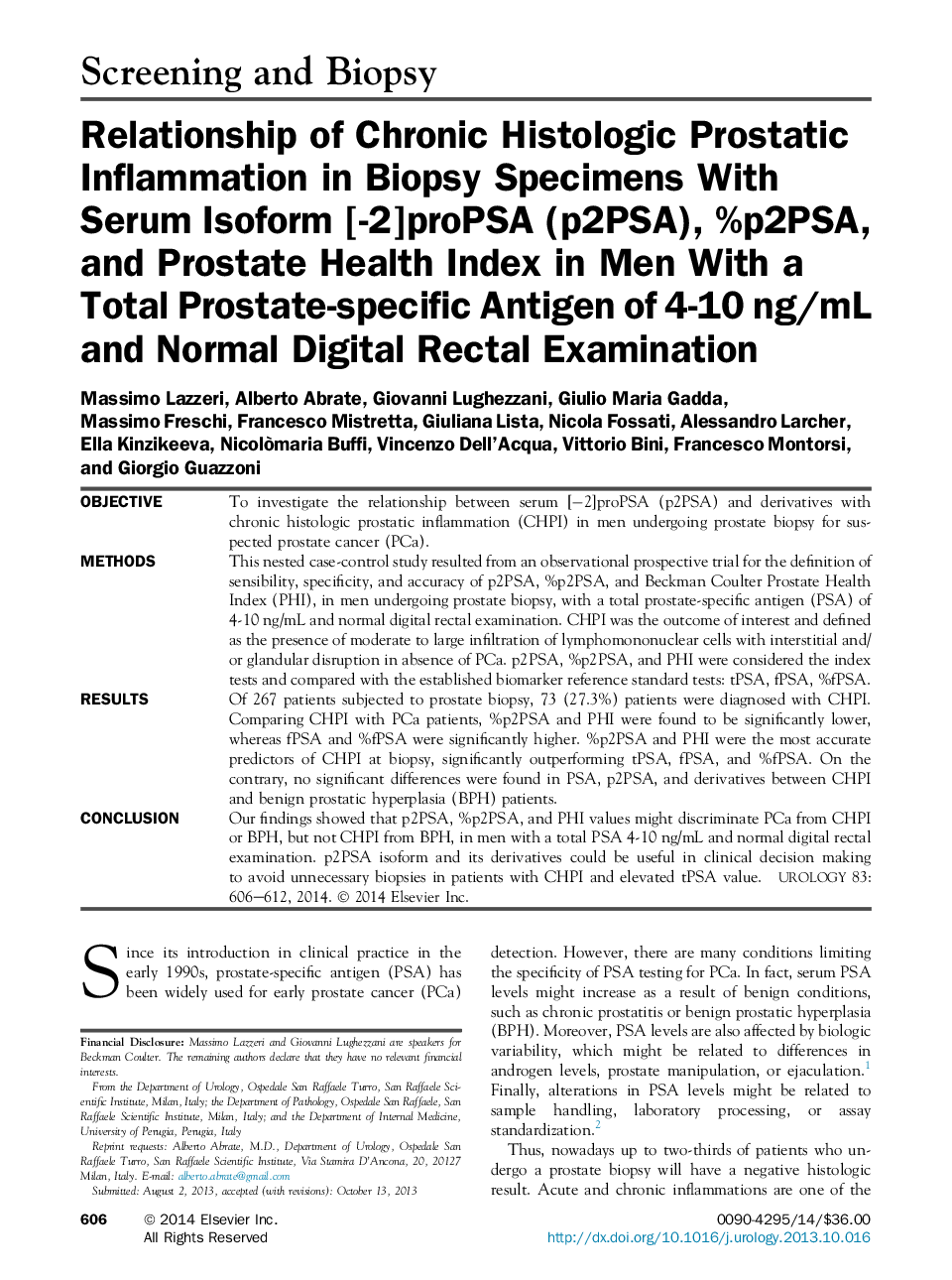 Relationship of Chronic Histologic Prostatic Inflammation in Biopsy Specimens With Serum Isoform [-2]proPSA (p2PSA), %p2PSA, and Prostate Health Index in Men With a Total Prostate-specific Antigen of 4-10 ng/mL and Normal Digital Rectal Examination 