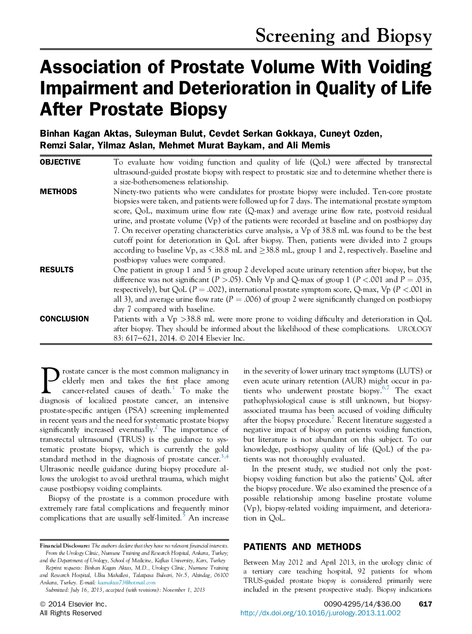 Association of Prostate Volume With Voiding Impairment and Deterioration in Quality of Life After Prostate Biopsy 