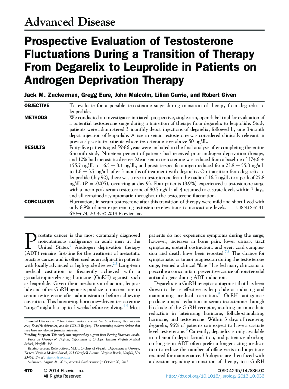 Prospective Evaluation of Testosterone Fluctuations During a Transition of Therapy From Degarelix to Leuprolide in Patients on Androgen Deprivation Therapy 