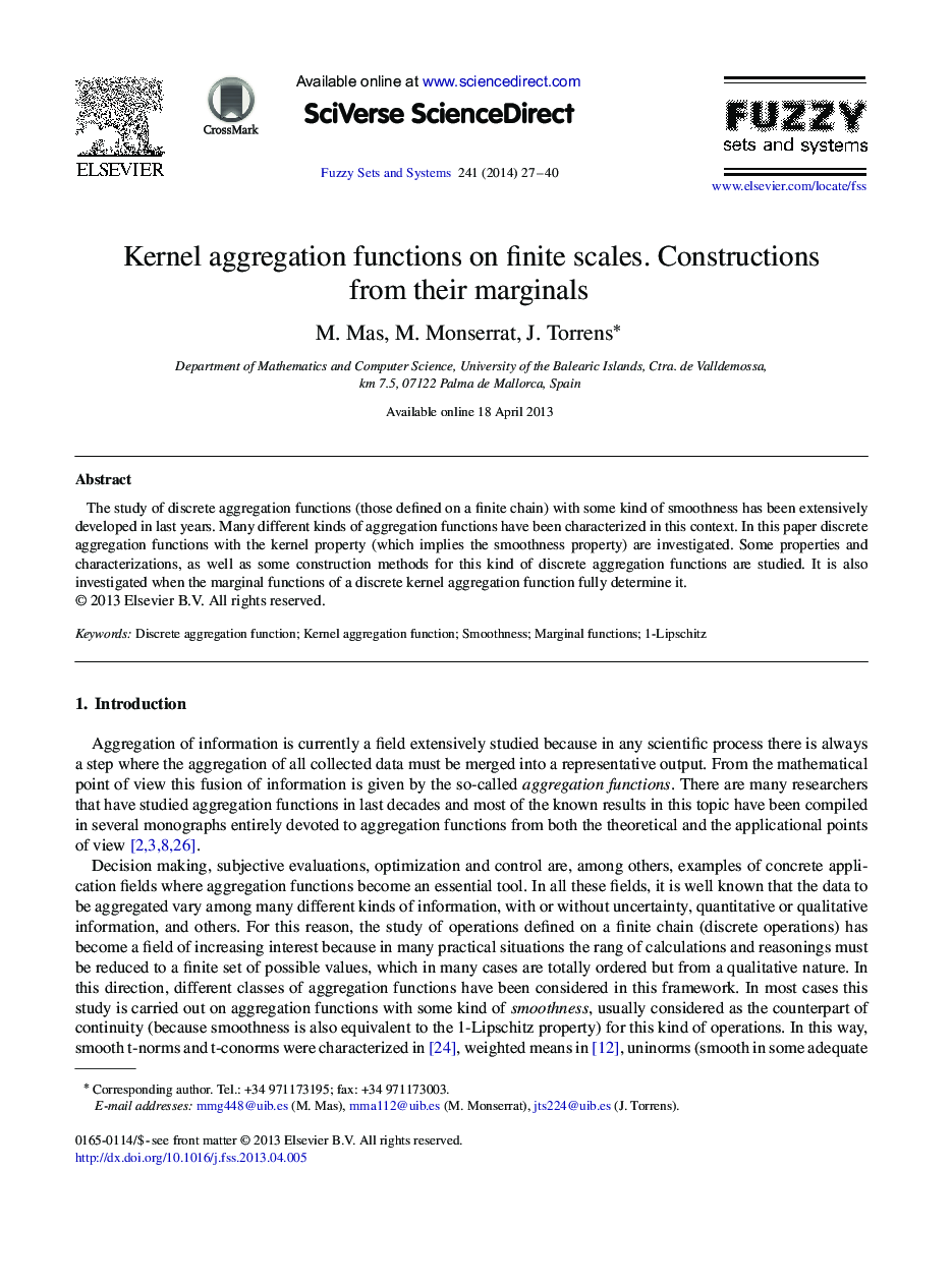 Kernel aggregation functions on finite scales. Constructions from their marginals