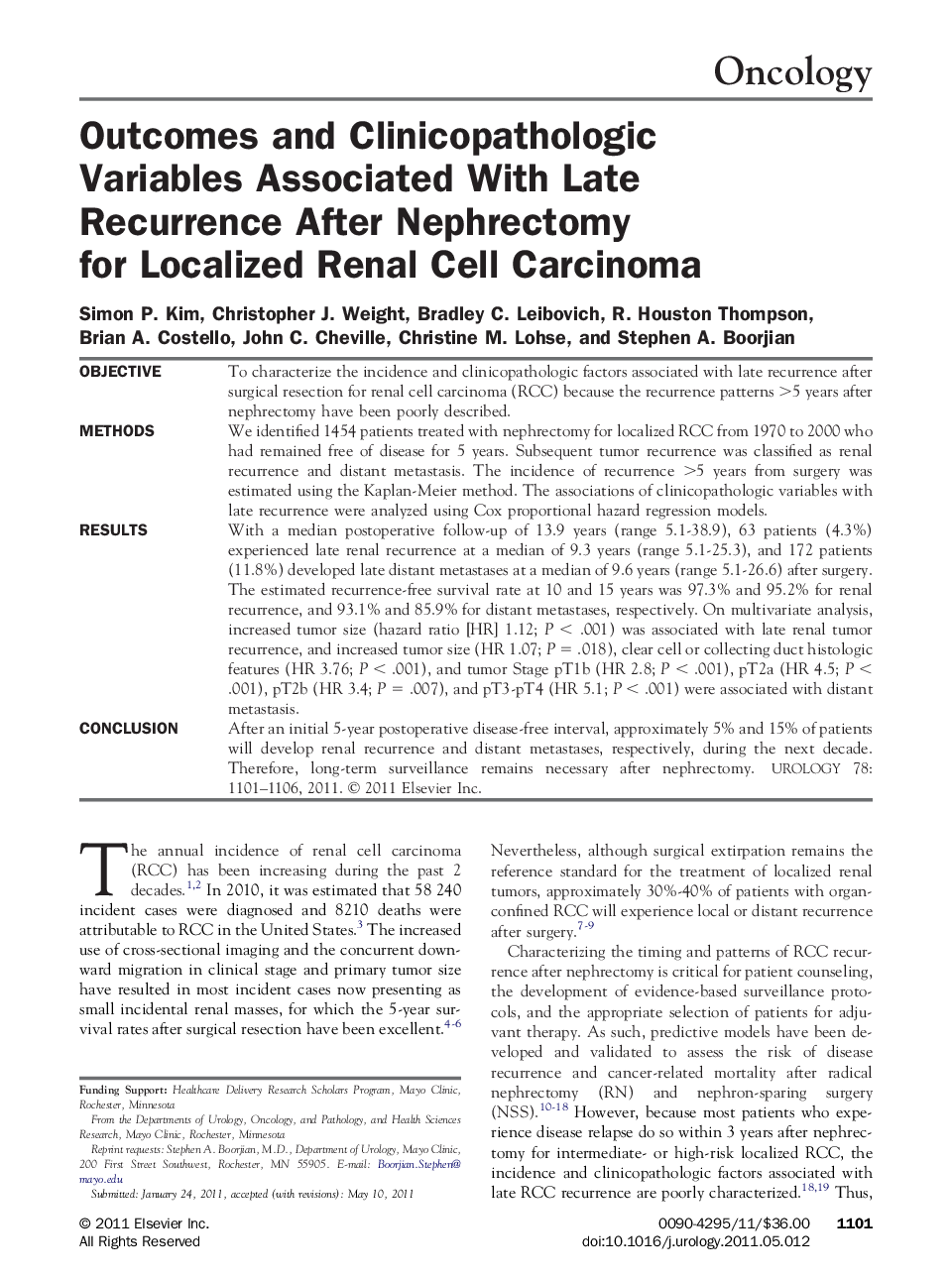 Outcomes and Clinicopathologic Variables Associated With Late Recurrence After Nephrectomy for Localized Renal Cell Carcinoma 