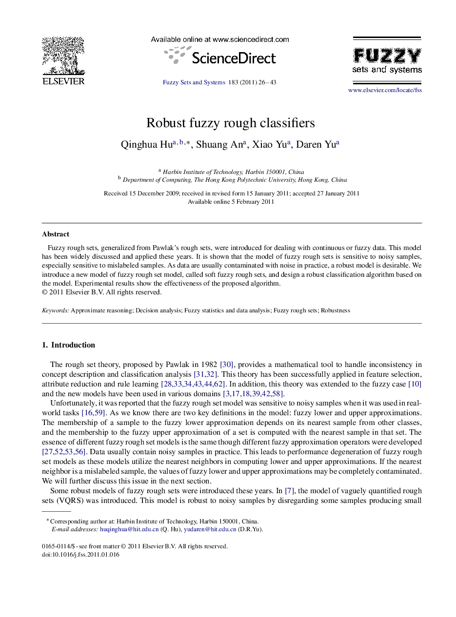 Robust fuzzy rough classifiers