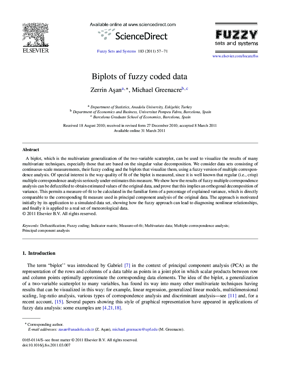 Biplots of fuzzy coded data