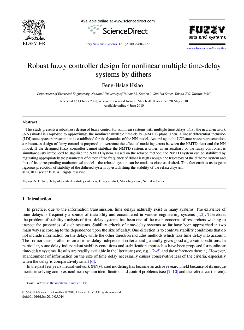 Robust fuzzy controller design for nonlinear multiple time-delay systems by dithers