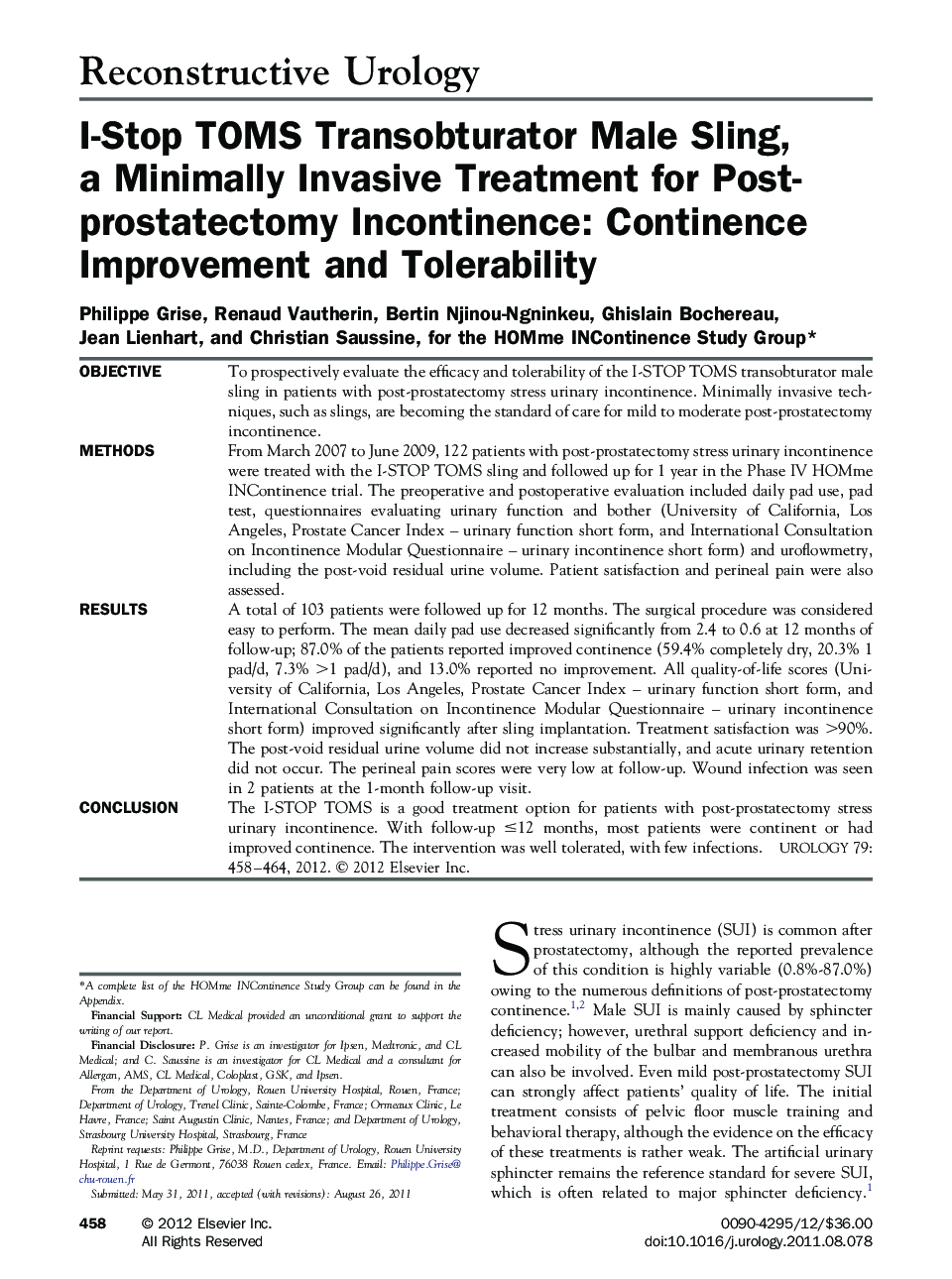 I-Stop TOMS Transobturator Male Sling, a Minimally Invasive Treatment for Post-prostatectomy Incontinence: Continence Improvement and Tolerability 