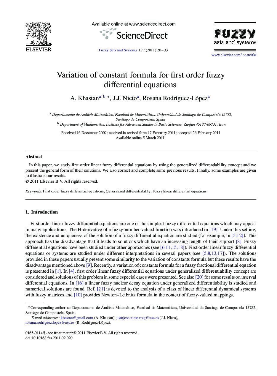 Variation of constant formula for first order fuzzy differential equations