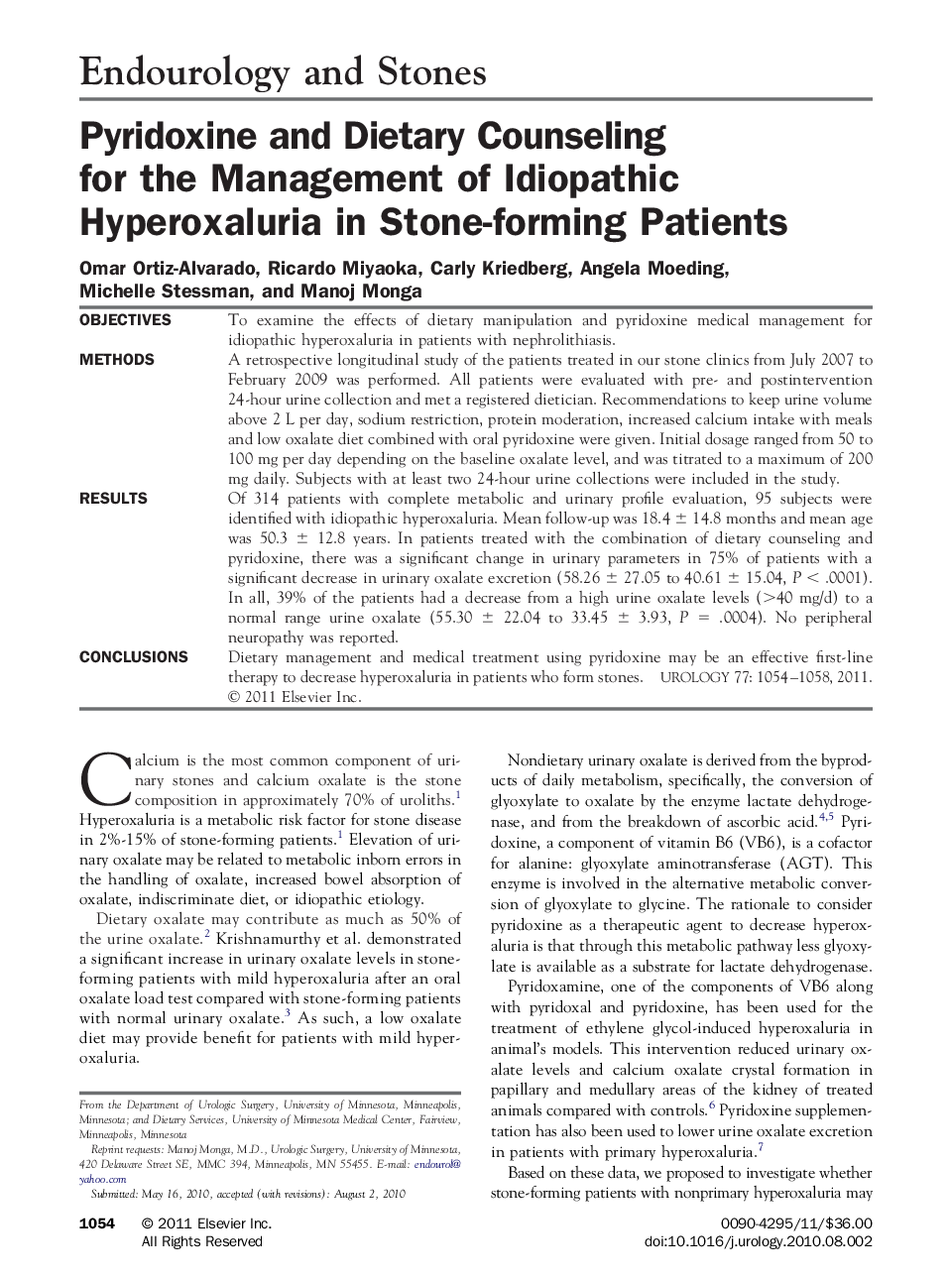 Pyridoxine and Dietary Counseling for the Management of Idiopathic Hyperoxaluria in Stone-forming Patients