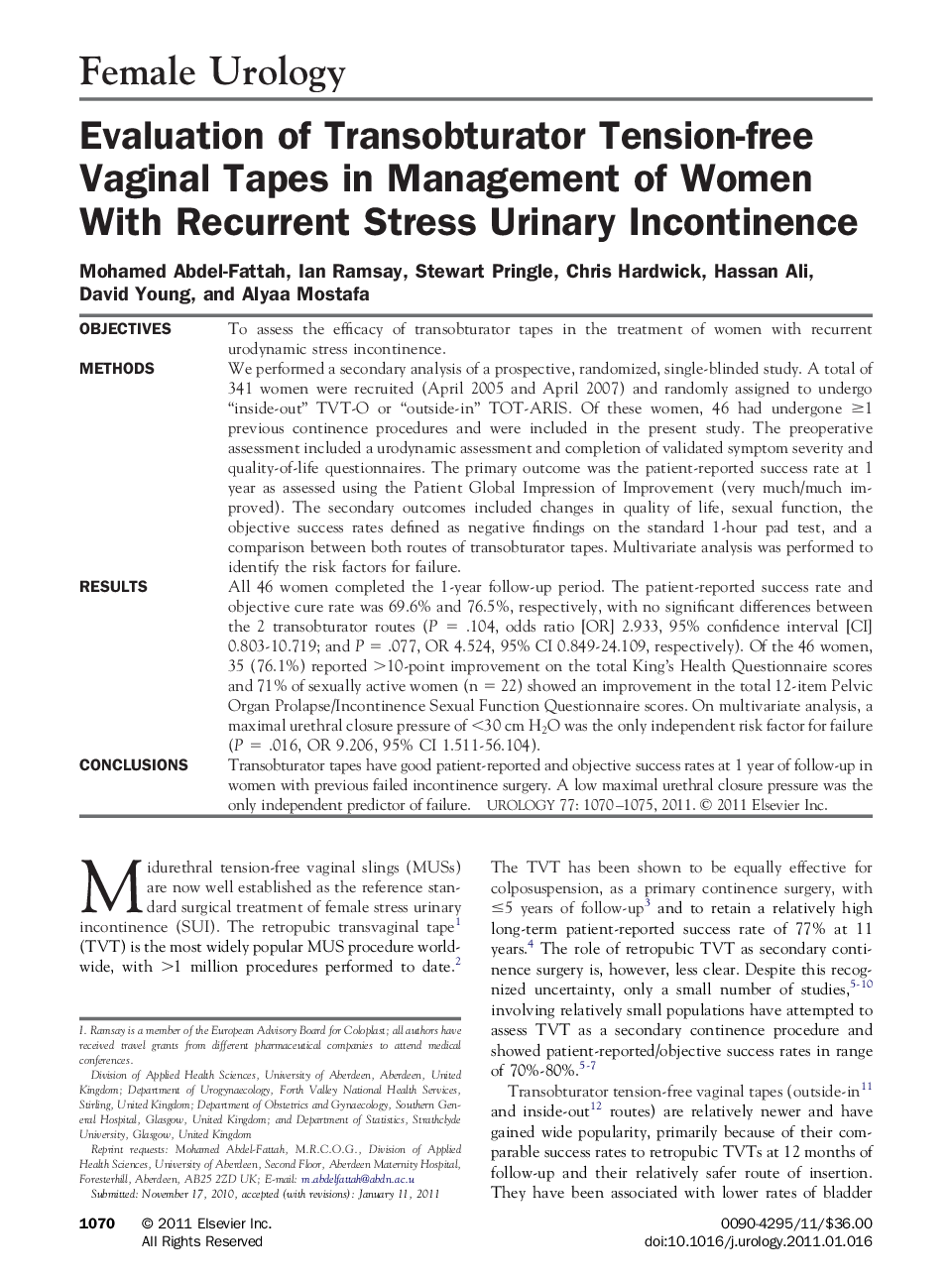 Evaluation of Transobturator Tension-free Vaginal Tapes in Management of Women With Recurrent Stress Urinary Incontinence 