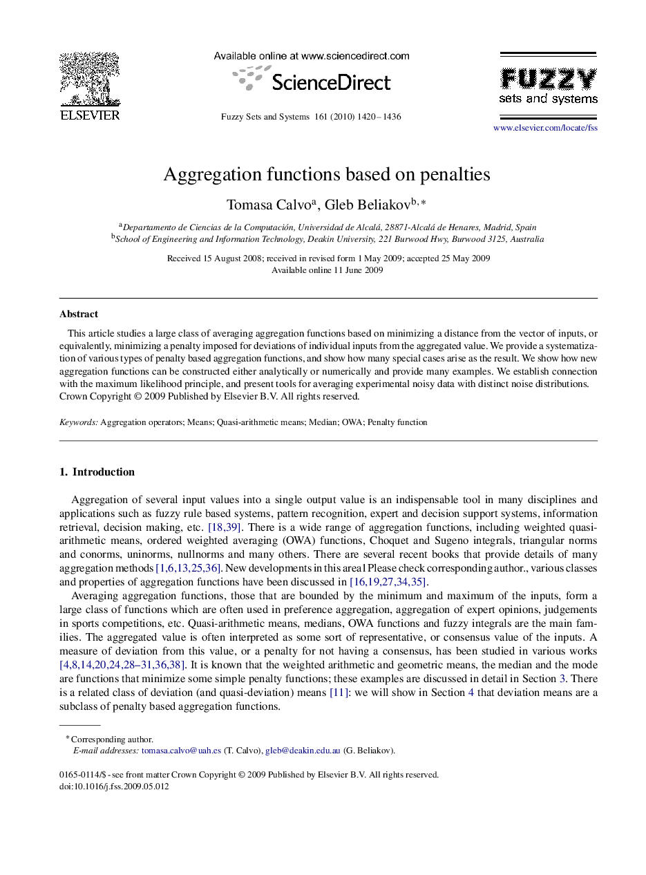 Aggregation functions based on penalties