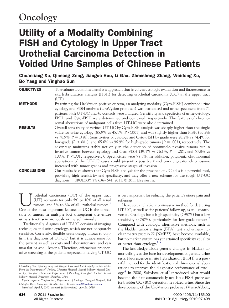 Utility of a Modality Combining FISH and Cytology in Upper Tract Urothelial Carcinoma Detection in Voided Urine Samples of Chinese Patients 