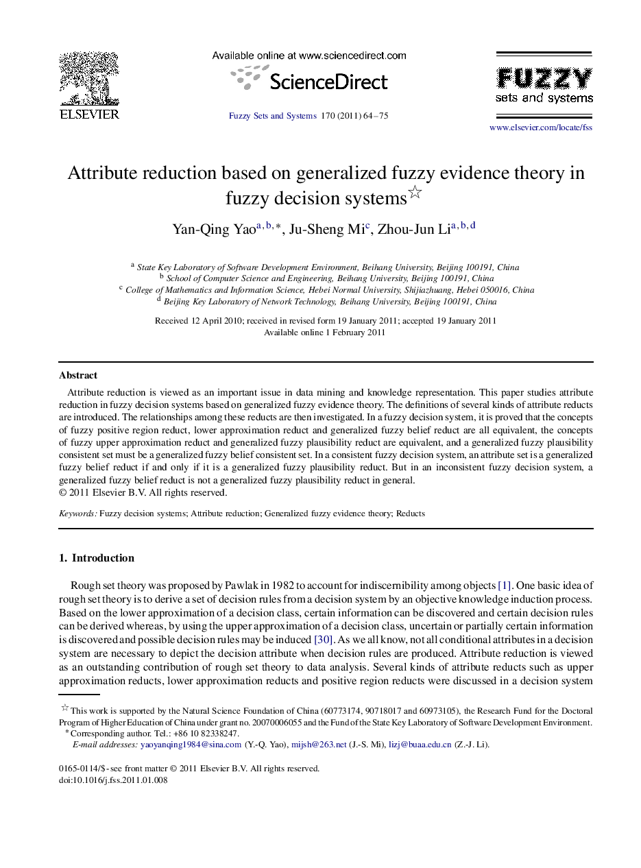 Attribute reduction based on generalized fuzzy evidence theory in fuzzy decision systems 